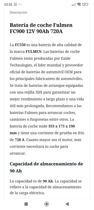 Batería coche fulmen standard 90AH 720A
