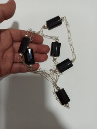 Collar Plata y Piedra Negra Rectangular