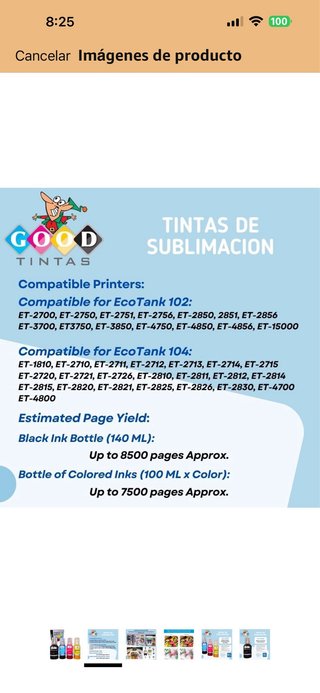 Tinta de Sublimación TINTAS 4 Colores 140ml