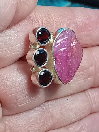 Anillo Plata Ley turmalina rosa y granate