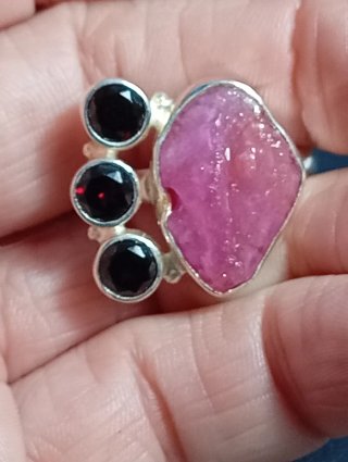 Anillo Plata Ley turmalina rosa y granate