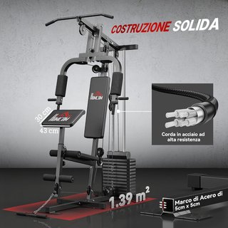 Torre de Potencia con Asiento y Respaldo Acolchados Pesas de 65 Kg, Estación de Fitness con Press de Pecho, Butterfly, Curl de Piernas, Discos y Barra para Dominadas y Fondos, para Home Gym Casa, ...