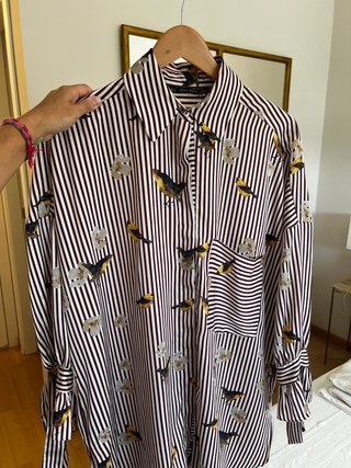 Camisa Oversize Estampada Pájaros Rayas