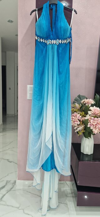 Vestido de fiesta largo azul y blanco