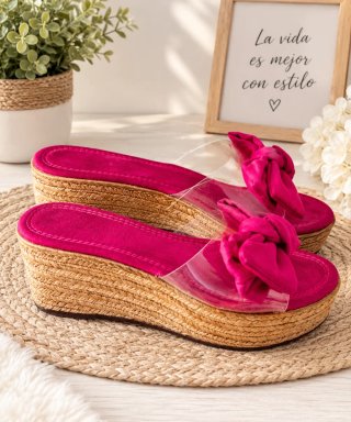 Sandalias cuña verano lazo fucsia