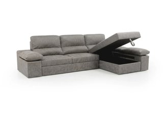 SOFÁ CAMA CHAISE LONGUE CON PUFFS GRIS Y MARRON