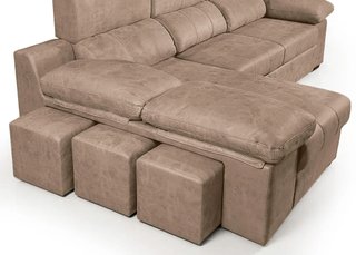 SOFÁ CAMA CHAISE LONGUE CON PUFFS GRIS Y MARRON
