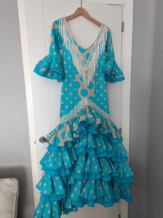 Vestido Flamenca Azul y Beige Lunares Talla Única