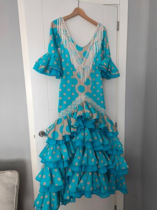 Vestido Flamenca Azul y Beige Lunares Talla Única