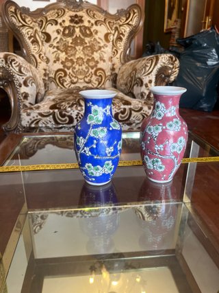 Pareja jarrones chinos vintage azul y rosa