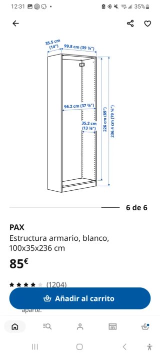 Estructura Armario Ikea Pax Blanca 100x35x236cm