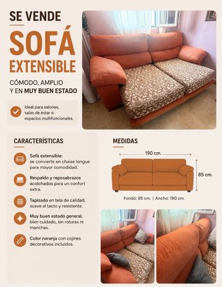 Sofá extensible tela naranja y marrón