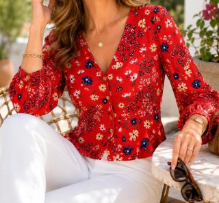 Blusa floral roja manga larga mujer talla 38