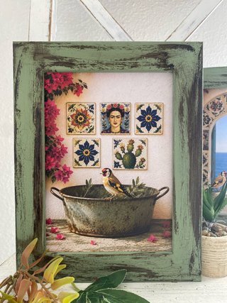Lote cuadros verdes jilgueros entre azulejos