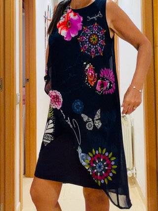 Vestido Desigual Azul Marino Estampado Flores