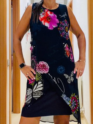 Vestido Desigual Azul Marino Estampado Flores