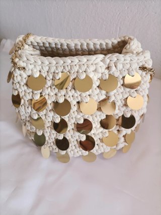 Borsa secchiello uncinetto con paillettes oro