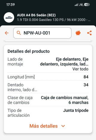 Homocinética NTY NPW-AU-001 Grupo VAG Audi VW SEAT
