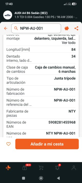Homocinética NTY NPW-AU-001 Grupo VAG Audi VW SEAT