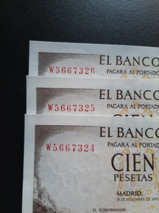BILLETES DE 100 PESETAS DE 1965 TRIO CORRELATIVO