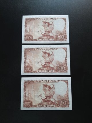 BILLETES DE 100 PESETAS DE 1965 TRIO CORRELATIVO