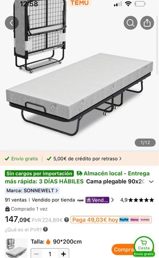 Cama Plegable SONNEWELT 90x200cm com colchon