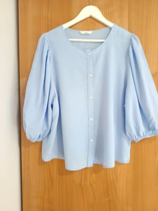 Blusa H&M Lino Manga Abullonada Azul
