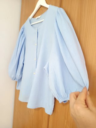 Blusa H&M Lino Manga Abullonada Azul