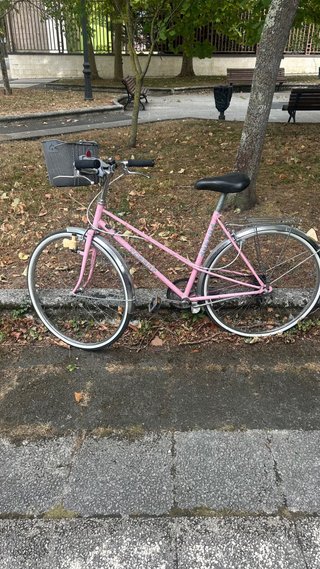 Bicicleta urbana rosa con cesta