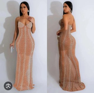 Vestido fiesta pedrería beige/dorado