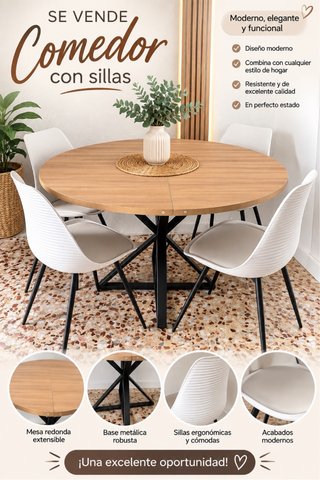 Set da pranzo con tavolo rotondo estensibile e 4 sedie