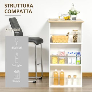 Tavolo Bar con 3 Ripiani e Barre Protettive, Tavolo da Cucina in Acciaio e Truciolare, 112x57x106 cm, Bianco