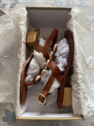 Sandalias de dedo marrones con detalles dorados