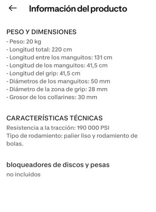 Barra Olímpica 20kg 50mm 220cm. Decathlon Nueva
