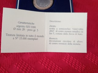 CIAO LIRA 2002 ARGENTO 925 5G COFANETTO