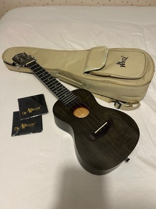 Ukelele oscuro con funda y accesorios