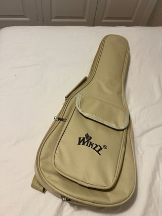 Ukelele oscuro con funda y accesorios