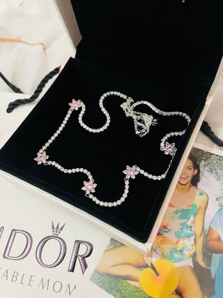 Collar Pandora Flores Rosas y Circonitas