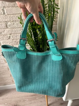 Bolso Grande Piel Trenzada Turquesa