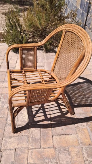 Sillón vintage mimbre y ratán con cojín