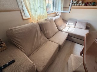 Sofá cheslong tela beige/marrón