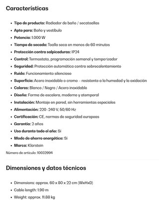 Radiador Secatoallas Infrarrojos Klarstein 1000W