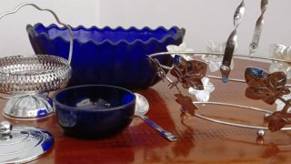 Set Vintage Inglés Cristal Azul Cobalto y plata