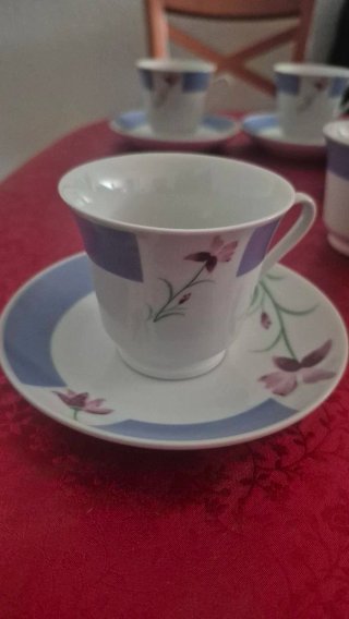 Juego 6 Tazas Café Porcelana Flores Azul
