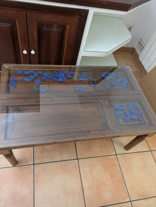 Mesa centro madera y cristal, estilo mallorquín