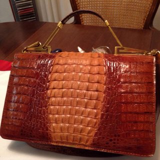 Bolso Piel Cocodrilo Vintage Marrón Dorado