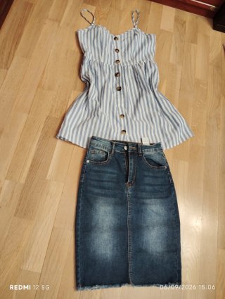 Conjunto Falda Vaquera y Blusa Rayas