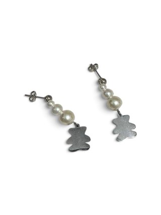 Pendientes Acero de Oso plateado y Perlas cristal.