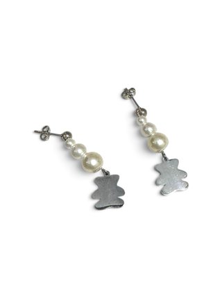 Pendientes Acero de Oso plateado y Perlas cristal.