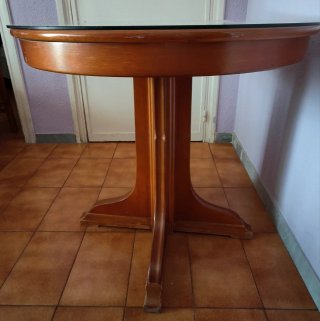 Mesa redonda extensible madera y cristal